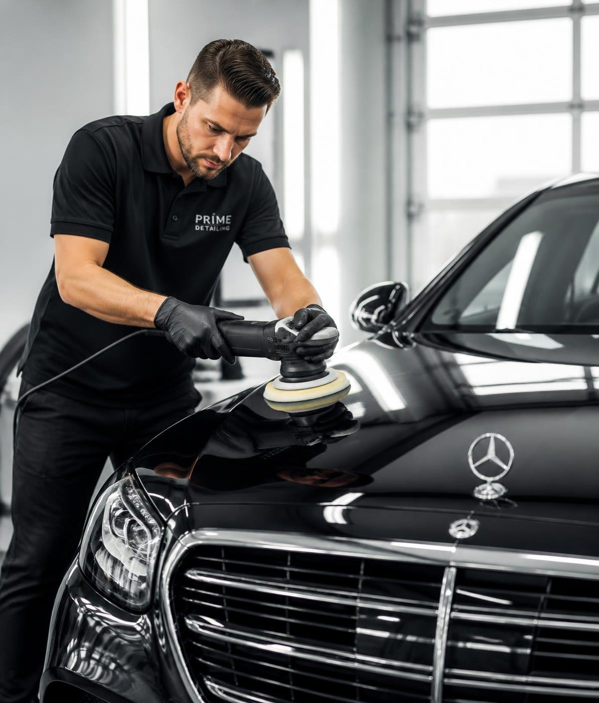 Detailer machine polishing a luxury sedan